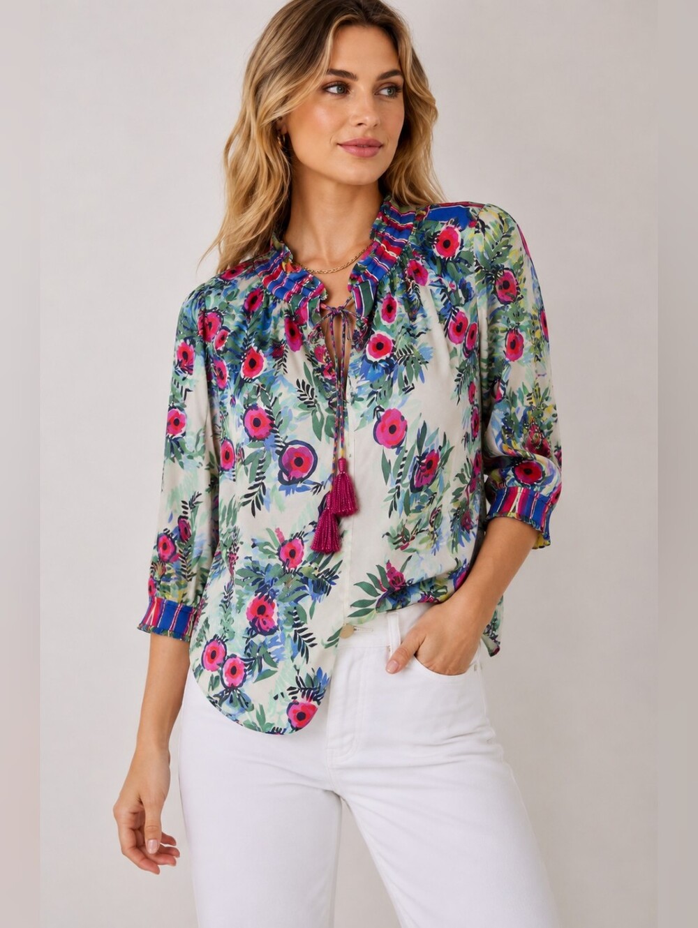 Saloni 100% Silk Floral Print Ruffle Tie Neck Blouse US 4